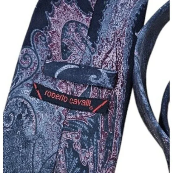 ROBERTO CAVALLI Men's 100% Silk Necktie LUXURY Tie Gray Paisley W:3.6" EUC